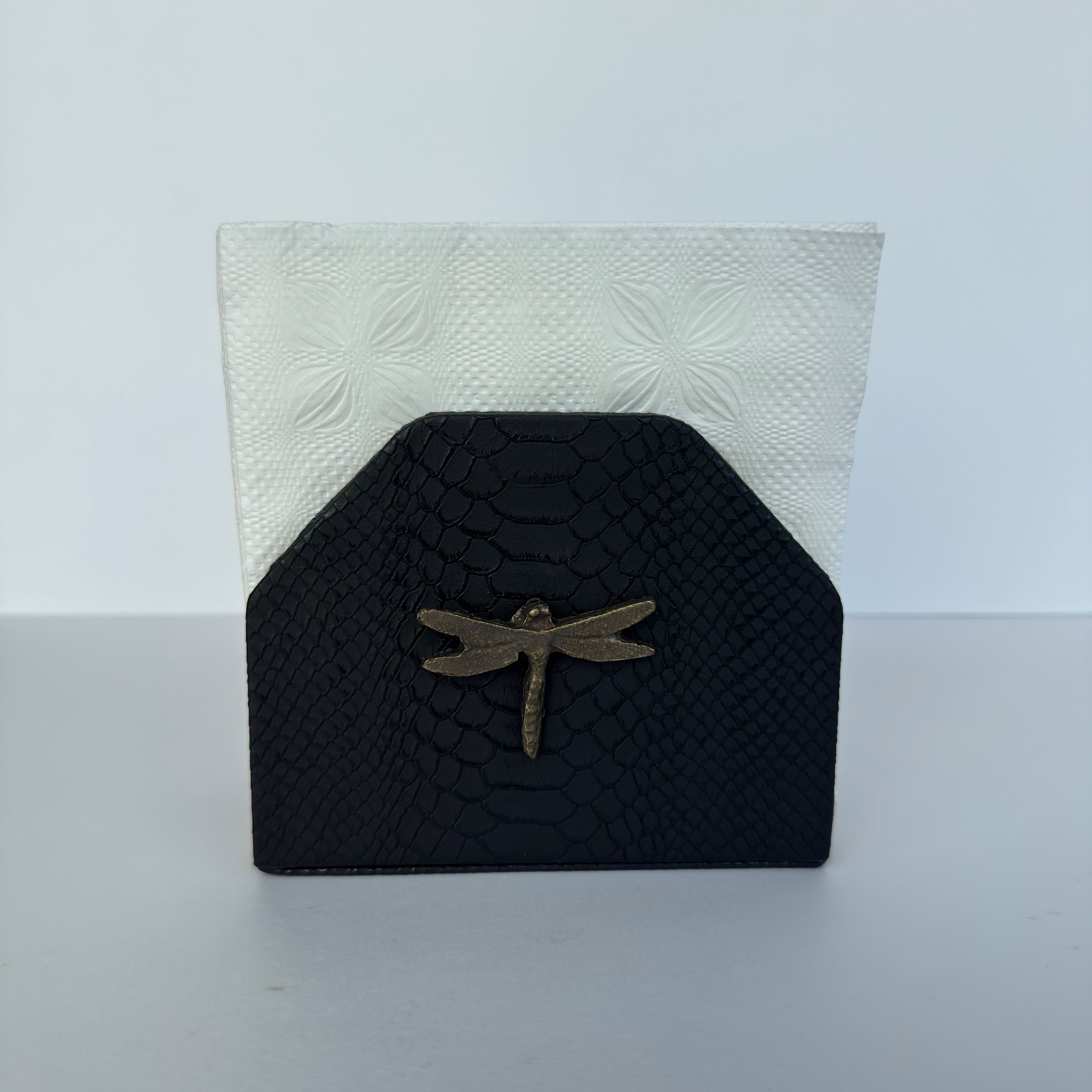 Servilletero Abanico Drilo Negro con herraje Libélula