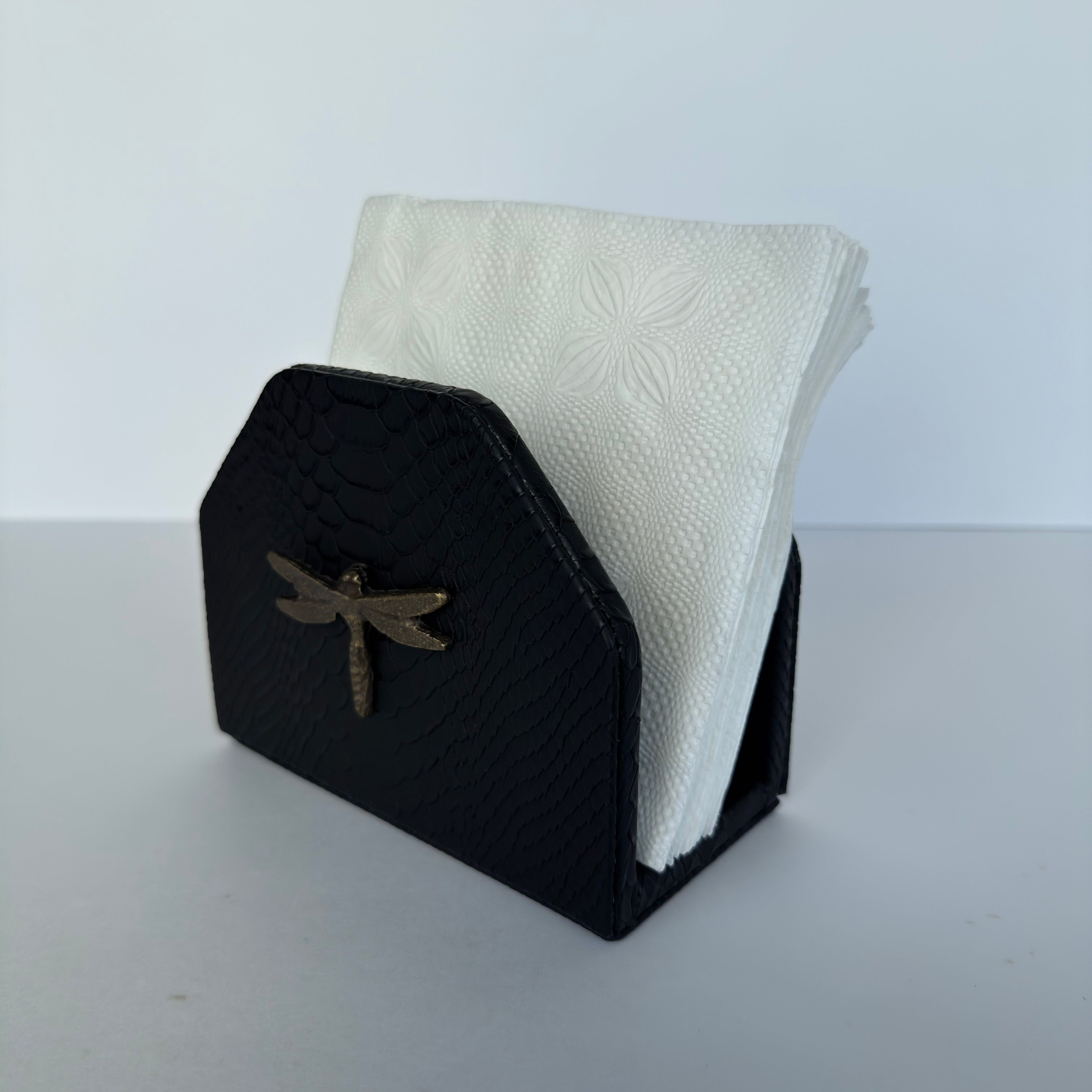 Servilletero Abanico Drilo Negro con herraje Libélula